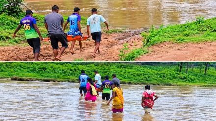 “ஆம்புலன்ஸ் வர முடியாத சூழல்….!” உயிரைப் பணியம் வைத்த மனிதநேயம்…. சீறிப்பாய்ந்த வெள்ளத்தைக் கடந்து பிரசவ வலியில் துடித்த பெண்ணைக் காப்பாற்றிய கிராம மக்கள்….!!