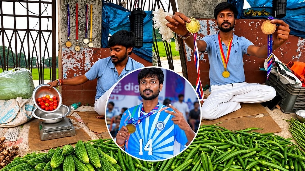 நாட்டுக்காக தங்கப் பதக்கம் வென்றவருக்கு இப்படி ஒரு கதியா..? “பின்னால் வரிசையாக பதக்கங்கள் தொங்க காய்கறி விற்பனை செய்யும் விளையாட்டு வீரர்”… அரசு வேலை கிடைக்காததால் வறுமையின் பிடியில் சிக்கி… கலங்க வைக்கும் காணொளி..!