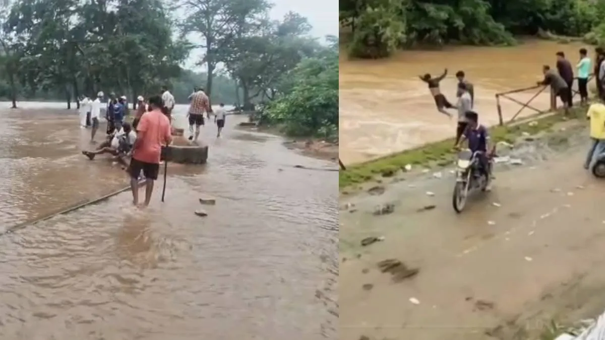 தலைக்கு மேல வெள்ளம் போகுது…! “உயிர் பயத்தை காட்டிய ஆறு”… பயங்கர நீரோட்டத்திலும் அசால்டாக ஆற்றில் குதித்த சிறுவர்கள்”… நெஞ்சை பதற வைக்கும் வீடியோ… பெத்த மனசு பார்த்தா என்னா பாடுபடும்..!